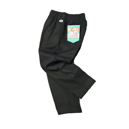 Black pants with a colorful pocket design on a white background