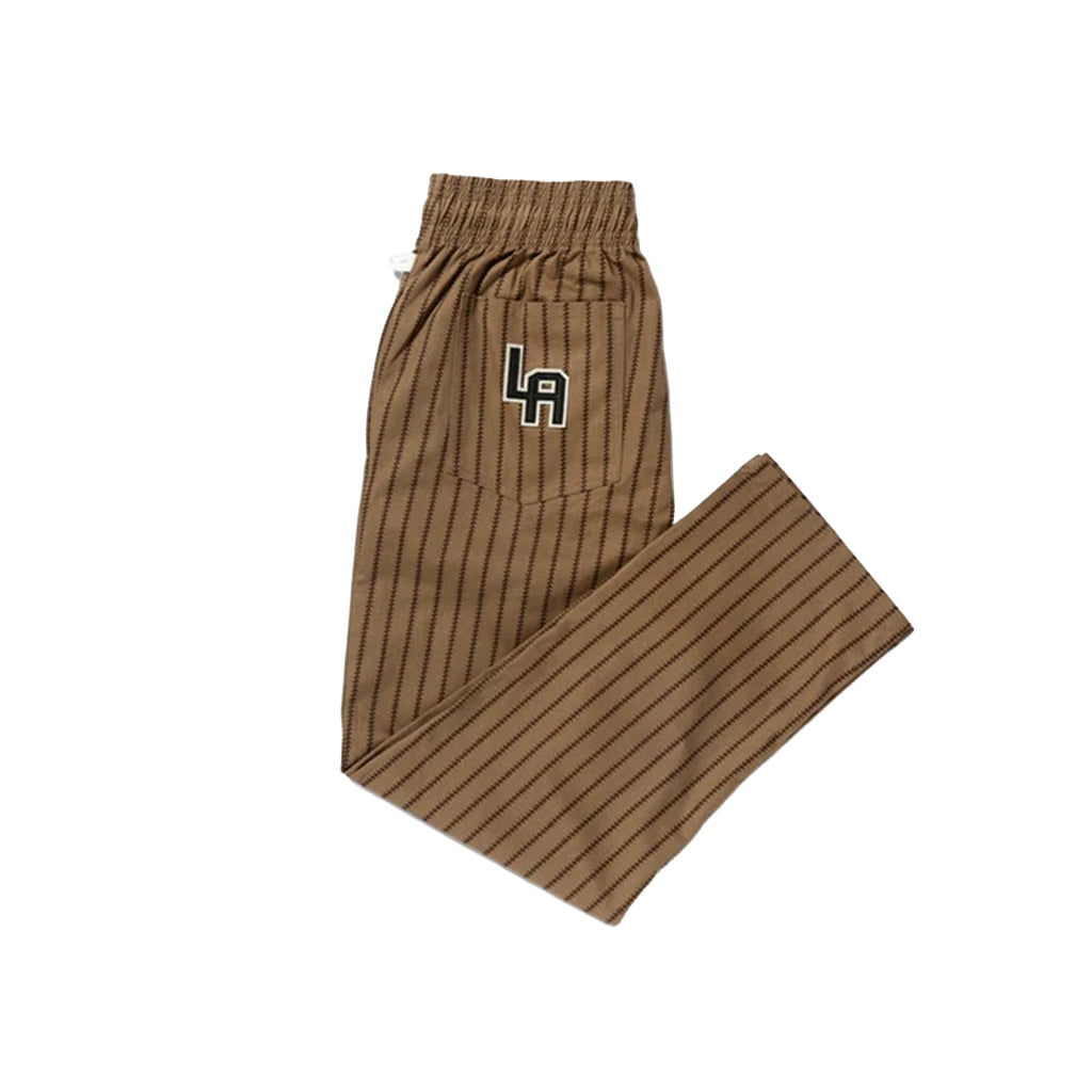 Brown pinstripe pants with a logo on a white background