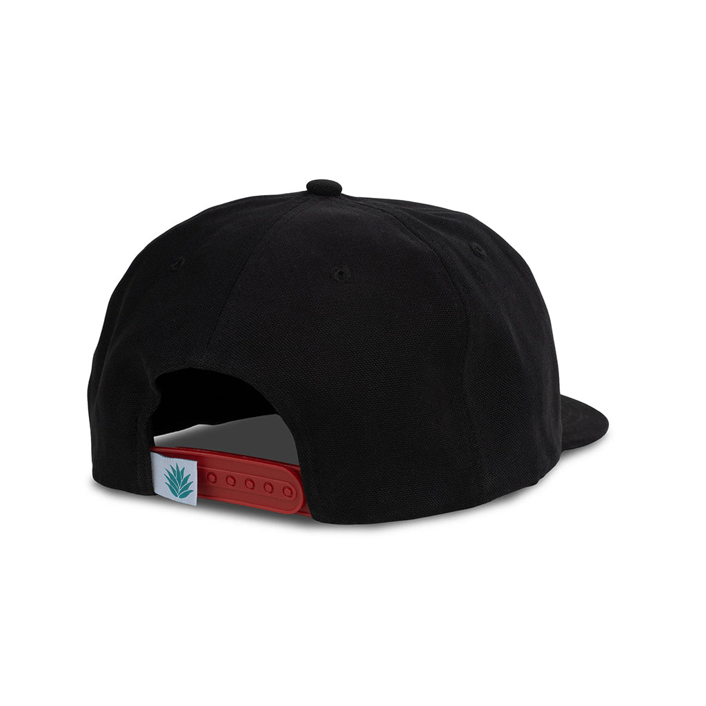 Black cap with a red and white adjustable strap on a white background