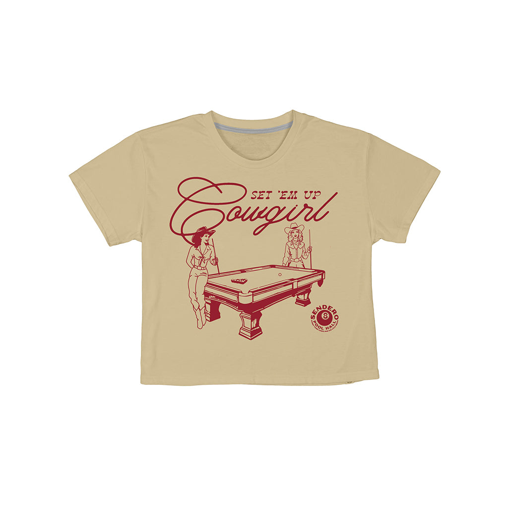 Beige t-shirt with red graphic design of a cowgirl and pool table on a white background