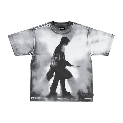 T-shirt with a black and white graphic of a character holding a wand on a white background