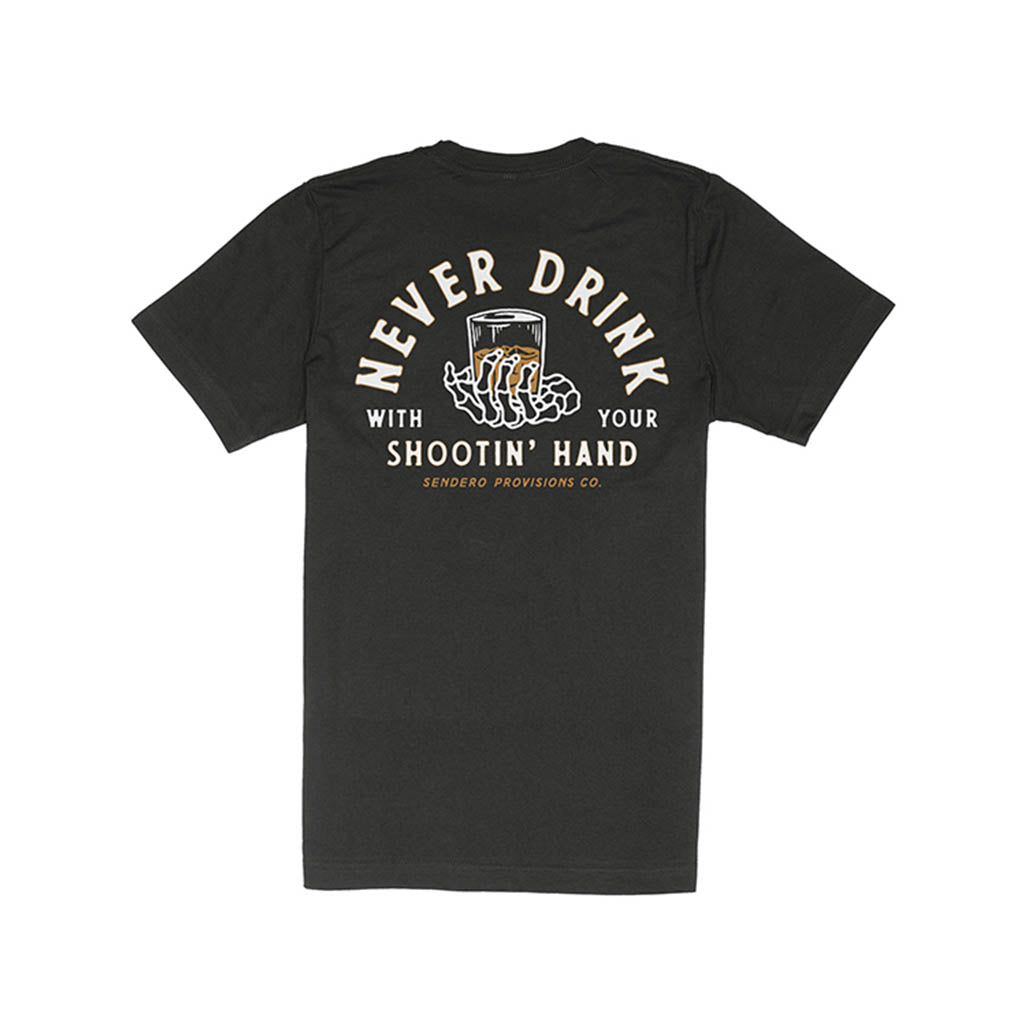Black t-shirt with white graphic and text on a white background