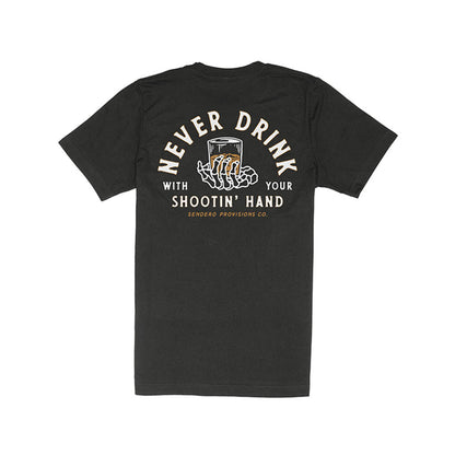 Black t-shirt with white graphic and text on a white background