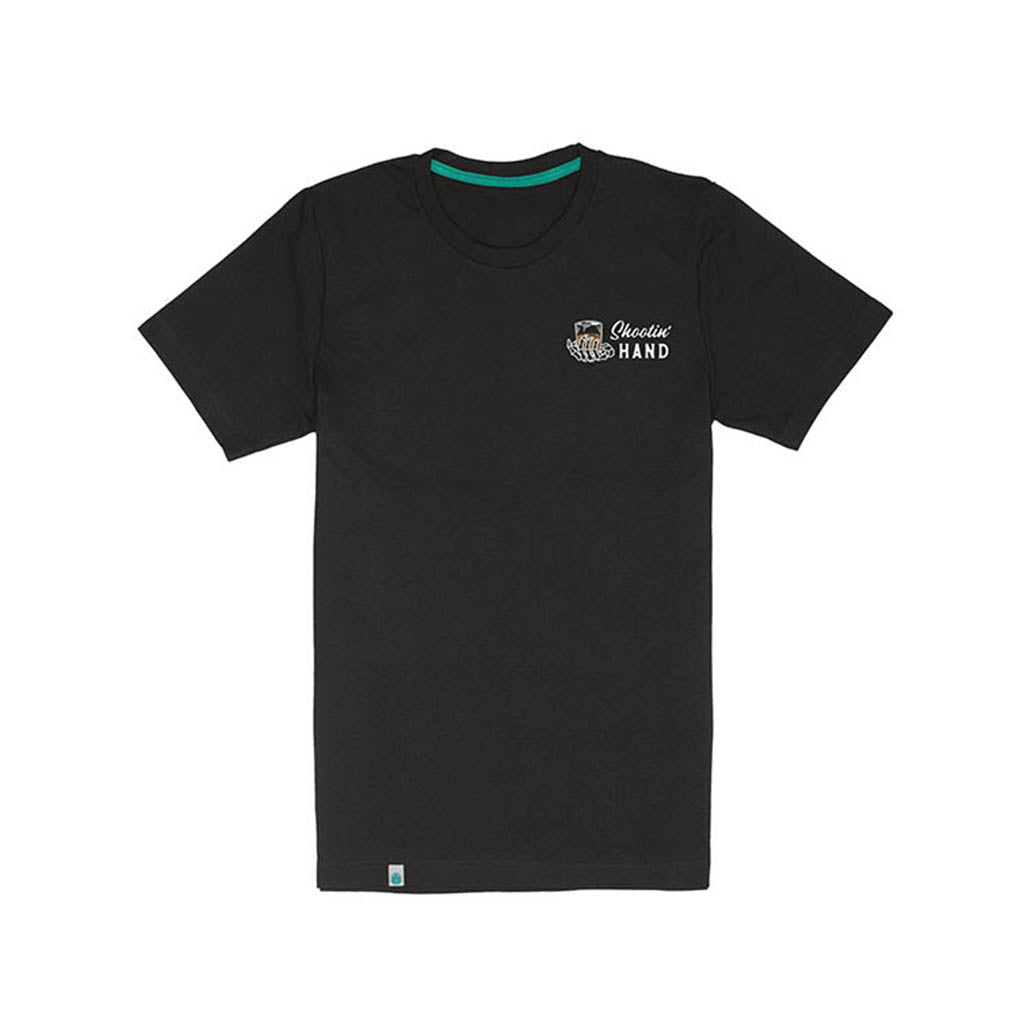 Black t-shirt with a logo on a white background