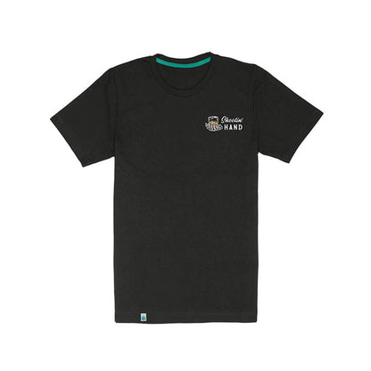 Black t-shirt with a logo on a white background