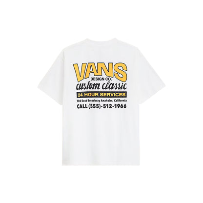 White t-shirt with Vans logo and text on a white background