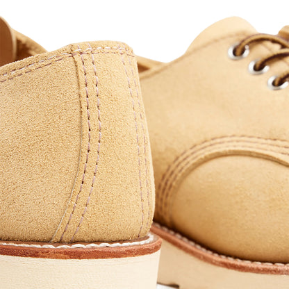 Close-up of beige leather shoes with stitching details