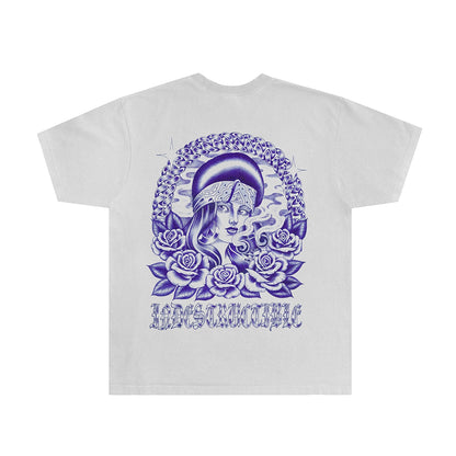 White t-shirt with purple graphic design of a woman's face, roses, and text on a white background