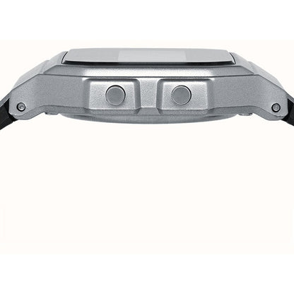 Close-up of a silver digital watch on a white background