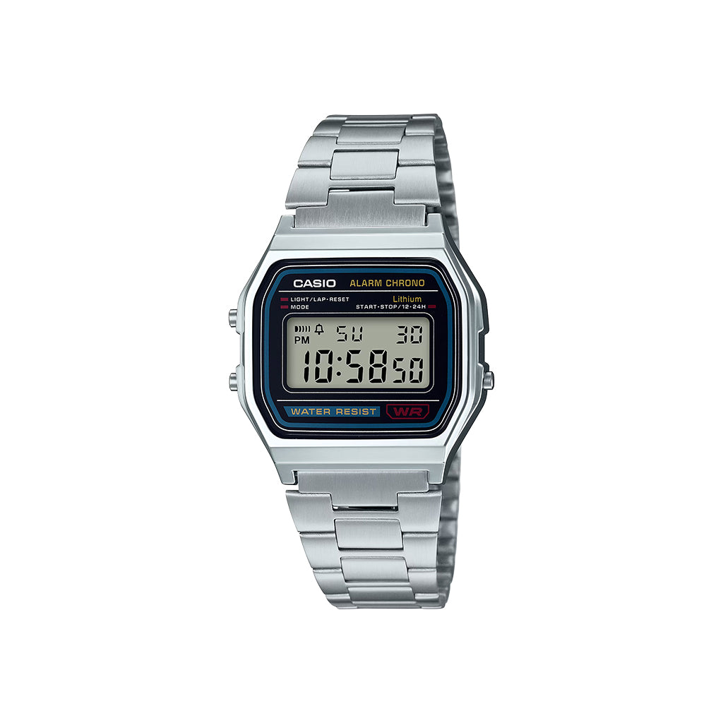 Casio digital watch with silver metal strap on a white background