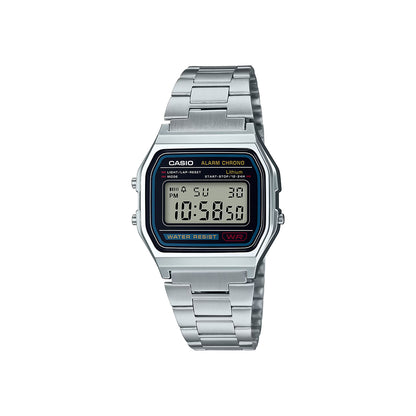 Casio digital watch with silver metal strap on a white background