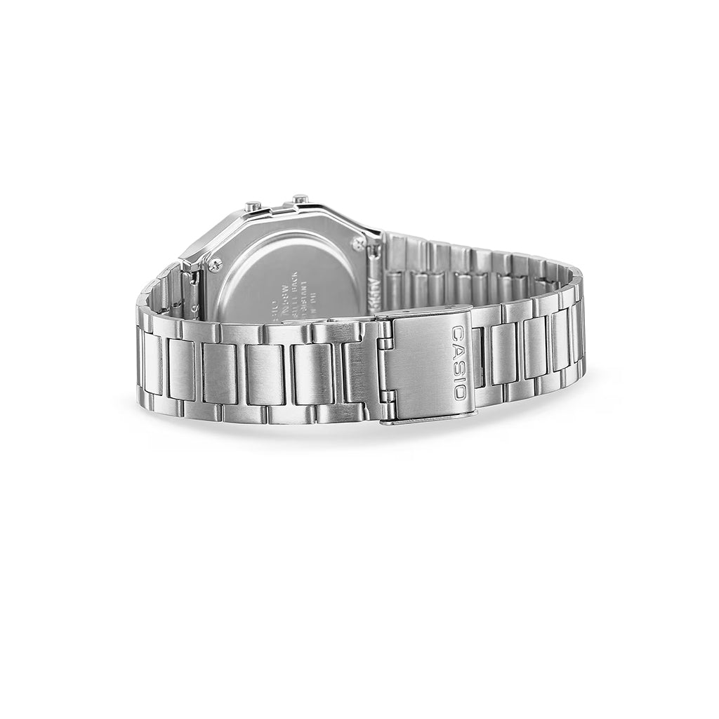 Silver Casio watch on a white background