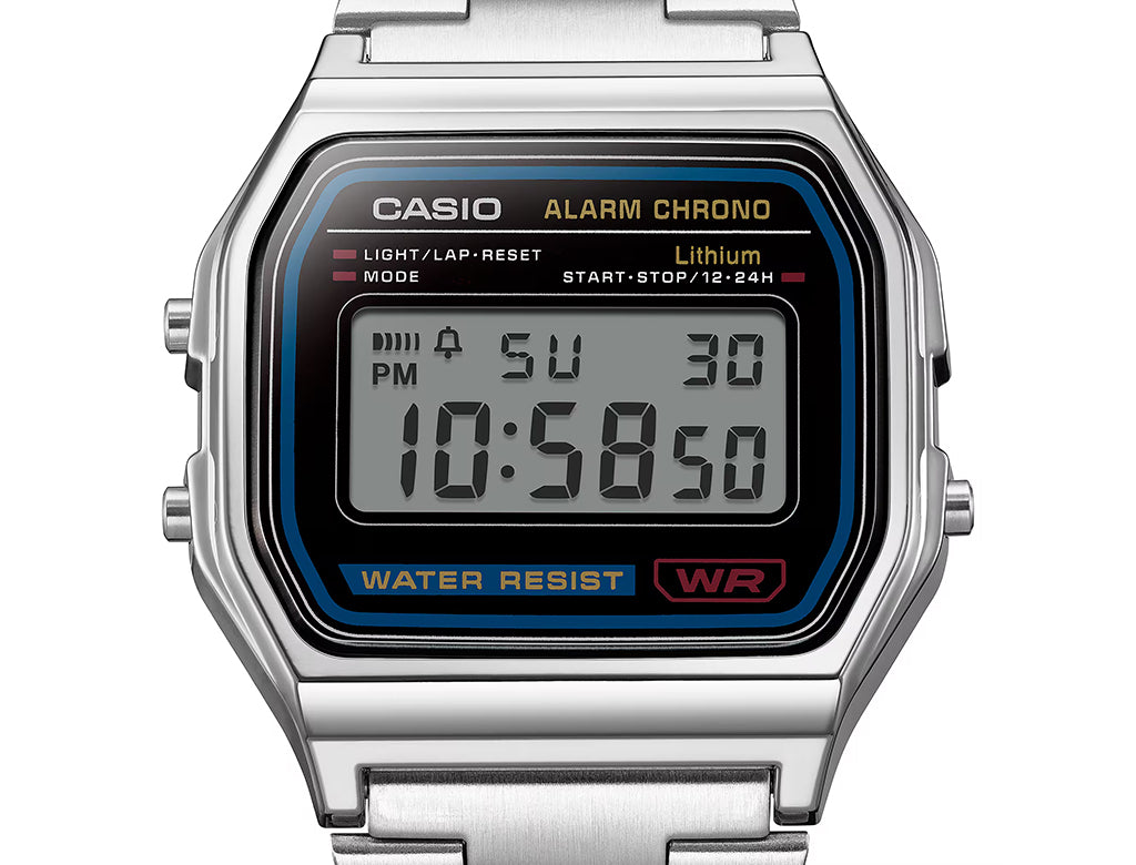 Casio digital watch with a silver metal band on a white background