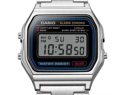 Casio digital watch with a silver metal band on a white background