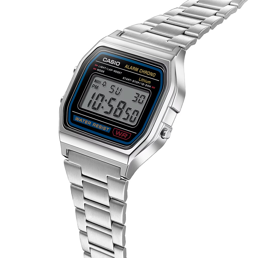 Silver Casio digital watch on a white background