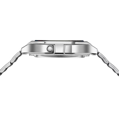 Close-up of a silver watch with a white background