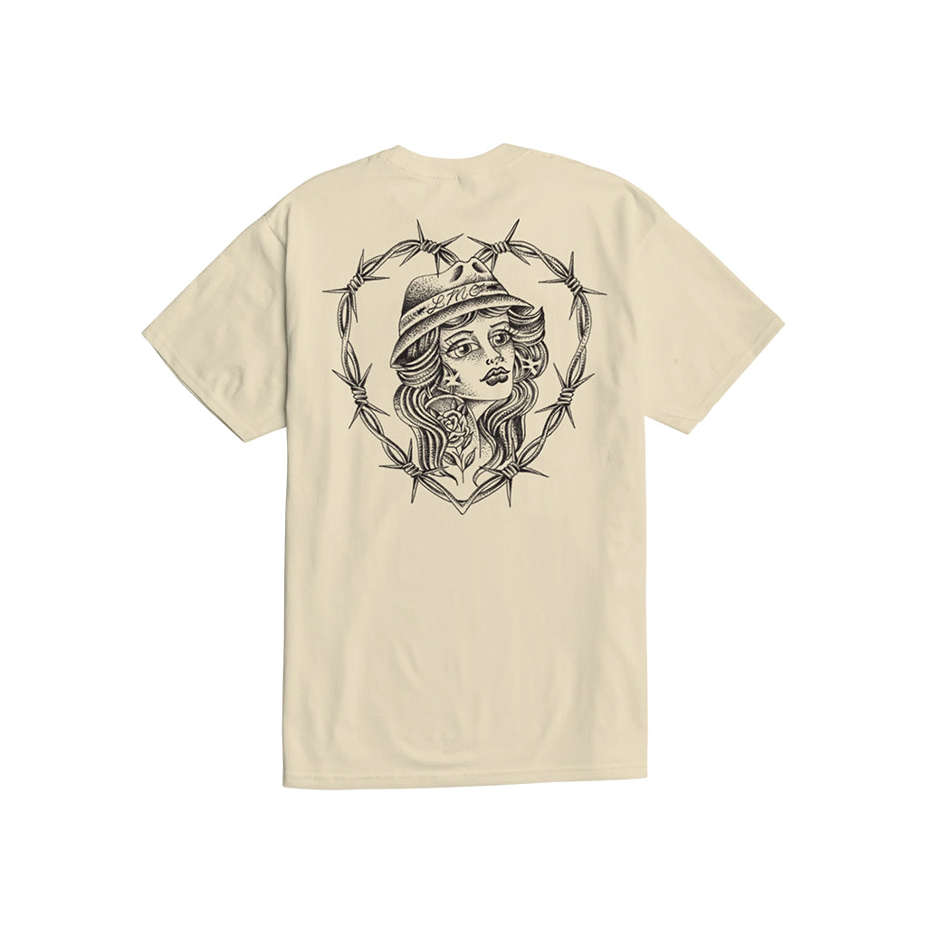 Beige t-shirt with a graphic design of a woman's face surrounded by barbed wire on a white background