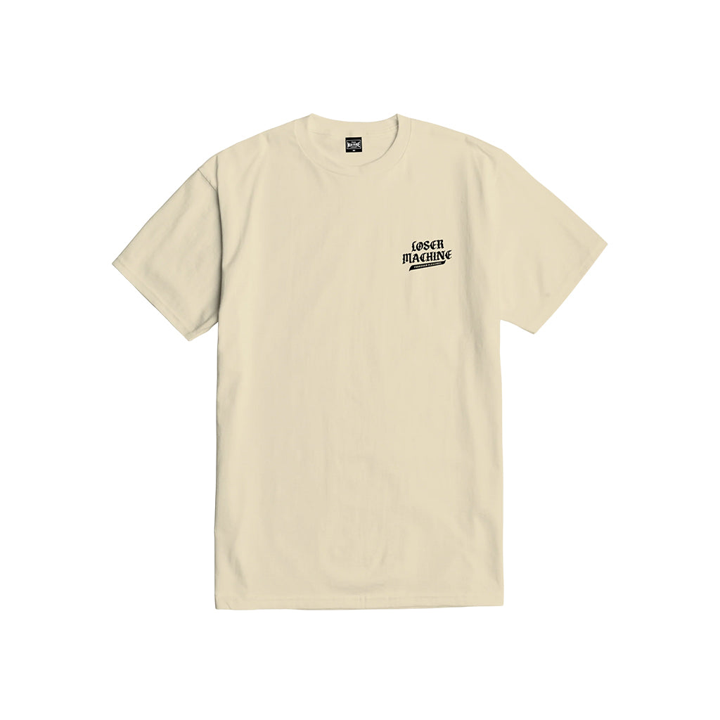 Beige t-shirt with a black logo on a white background