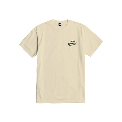 Beige t-shirt with a black logo on a white background