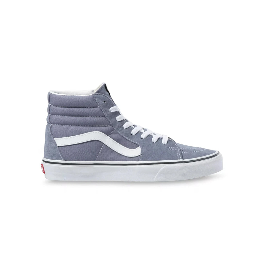 Gray high-top sneaker with white laces and sole on a white background