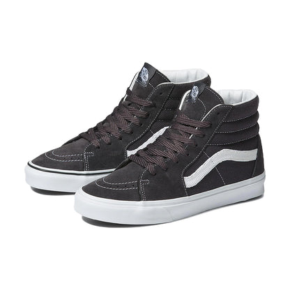 Pair of black high-top sneakers with white stripes on a white background