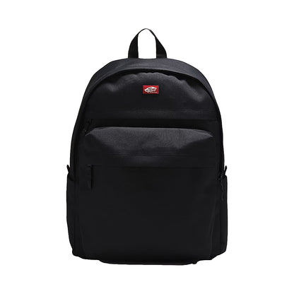 Black backpack with a red logo on a white background