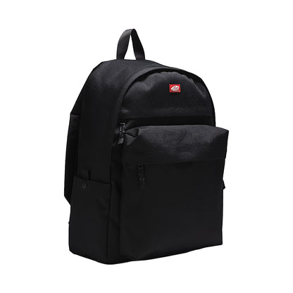 Black backpack with a red logo on a white background