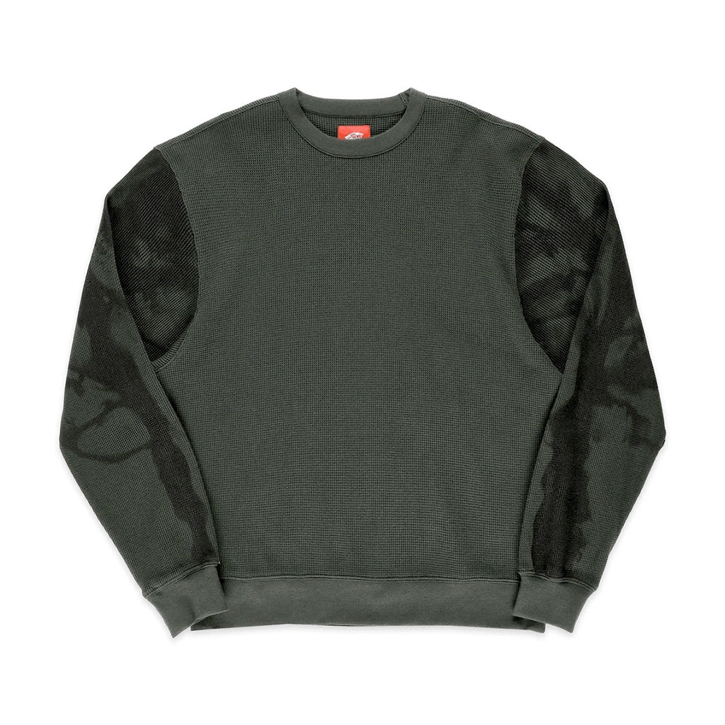 Dark green sweatshirt with mesh sleeves on a white background