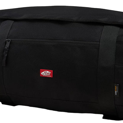 Black duffel bag with a red label on a white background