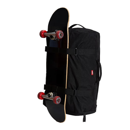 Black skateboard and backpack on a white background
