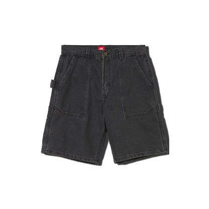 Black shorts with a brand logo on a white background