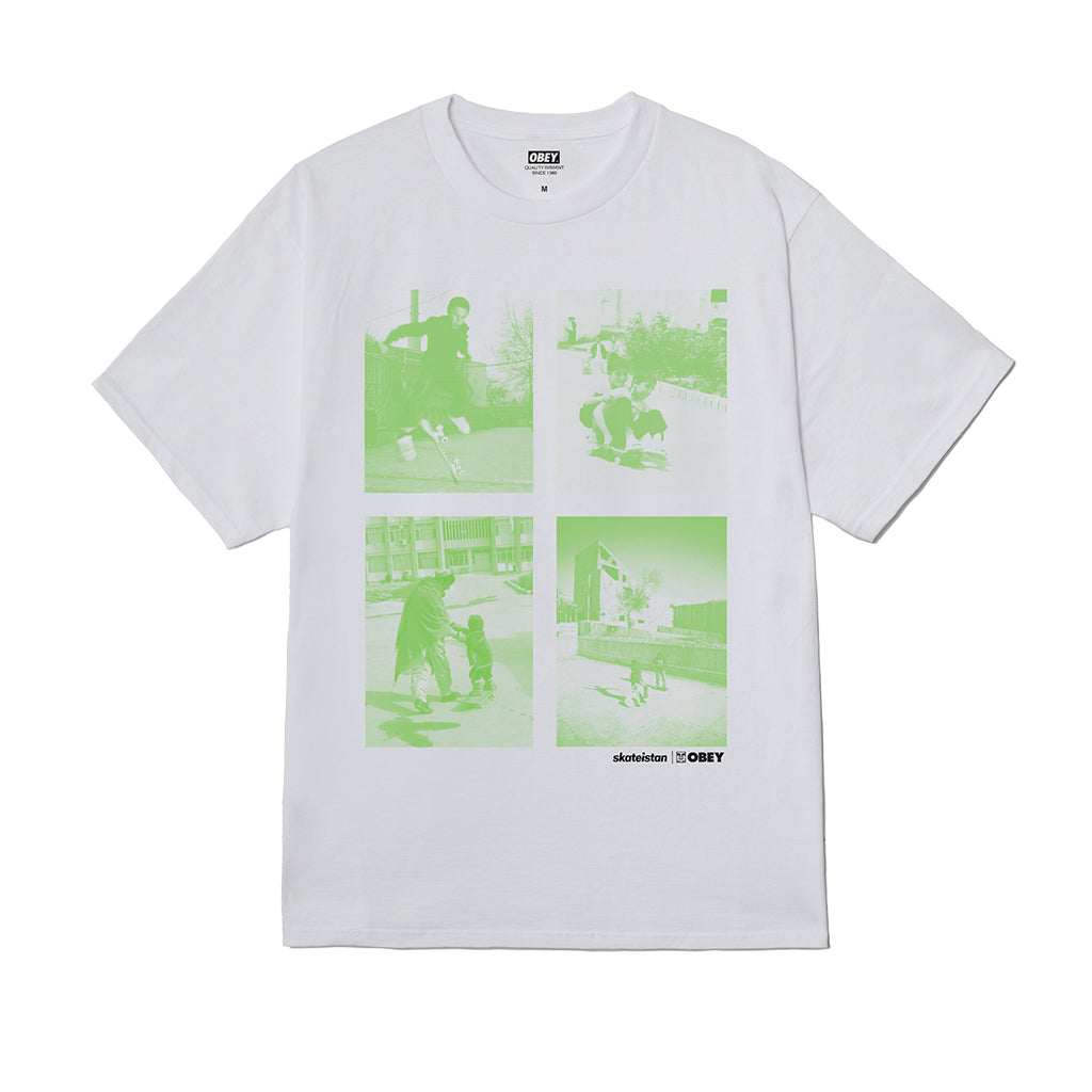 White t-shirt with green graphic design on a white background