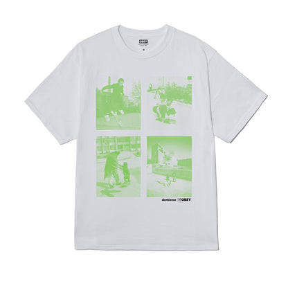 White t-shirt with green graphic design on a white background