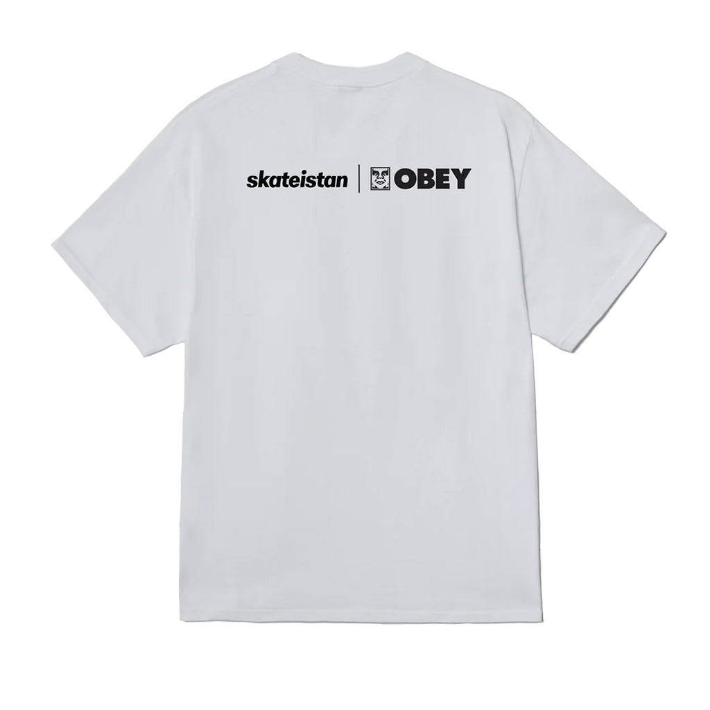 White t-shirt with 'skateistan' and 'OBEY' logos on a white background