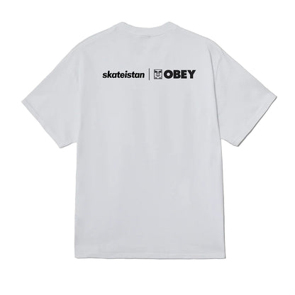 White t-shirt with 'skateistan' and 'OBEY' logos on a white background