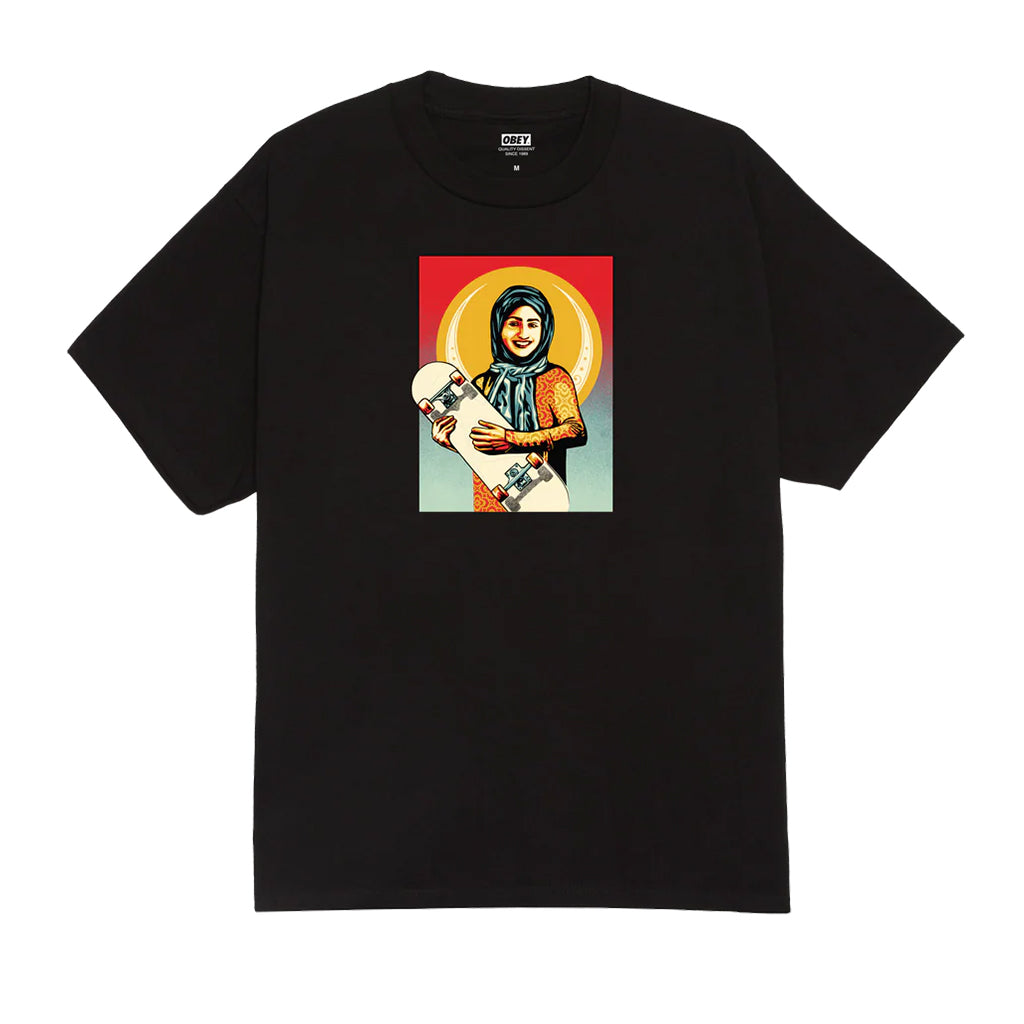 Black t-shirt with a graphic of a person holding a skateboard on a white background