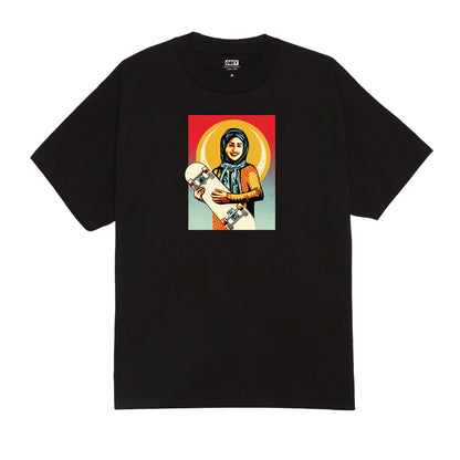 Black t-shirt with a graphic of a person holding a skateboard on a white background