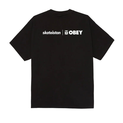 Black t-shirt with 'skateistan' and 'OBEY' logos on a white background