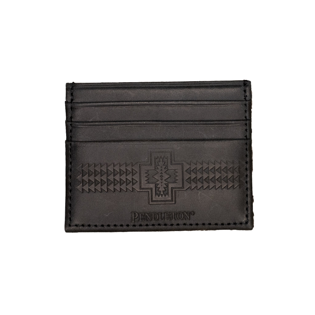 Black leather cardholder with embossed design on a white background