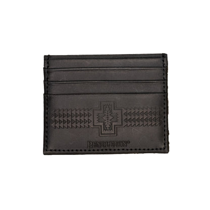 Black leather cardholder with embossed design on a white background
