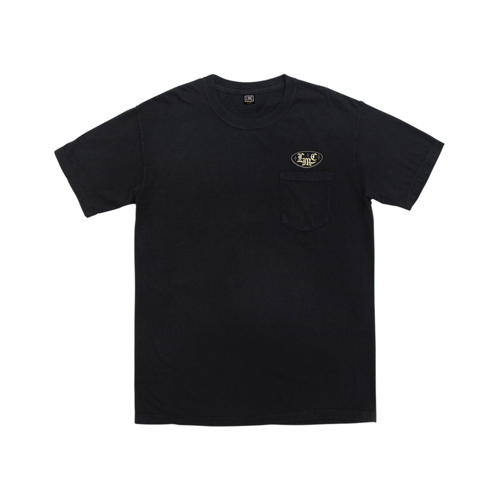 Black t-shirt with a small logo on the chest against a white background