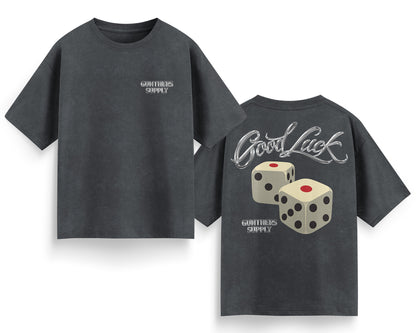Gray t-shirt with 'Good Luck' and dice design on the back, brand logo on the front.