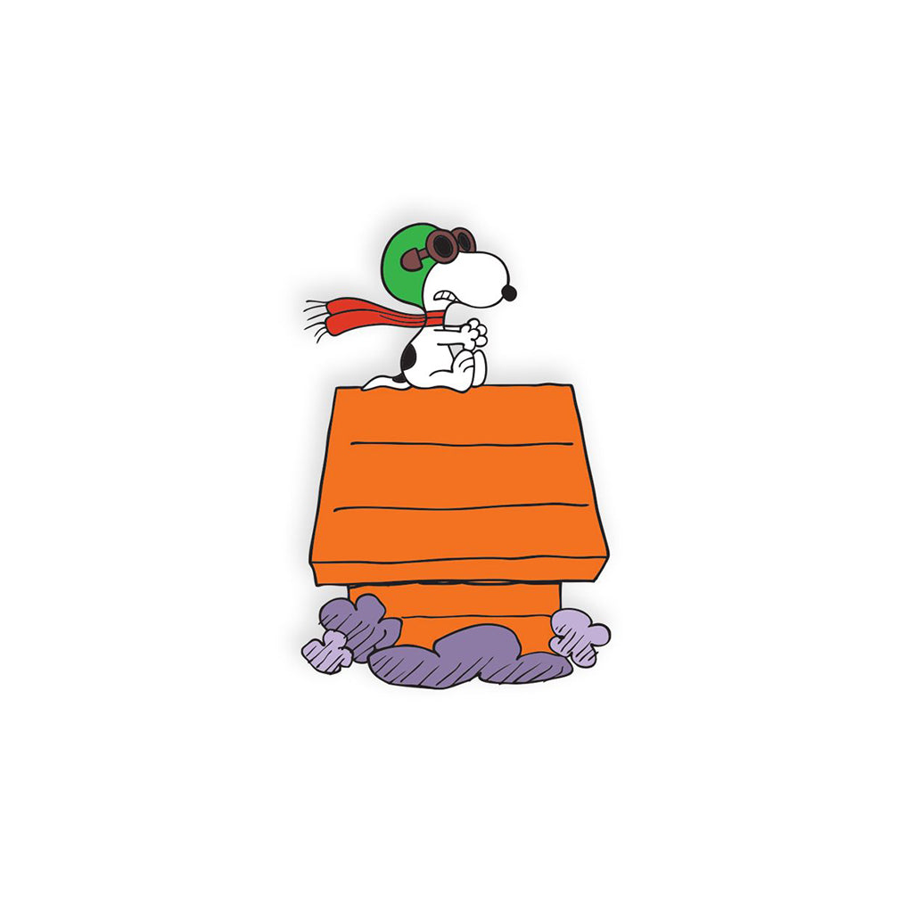 Snoopy wearing a green helmet and red scarf peeking out from an orange box on a white background