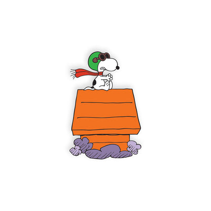 Snoopy wearing a green helmet and red scarf peeking out from an orange box on a white background