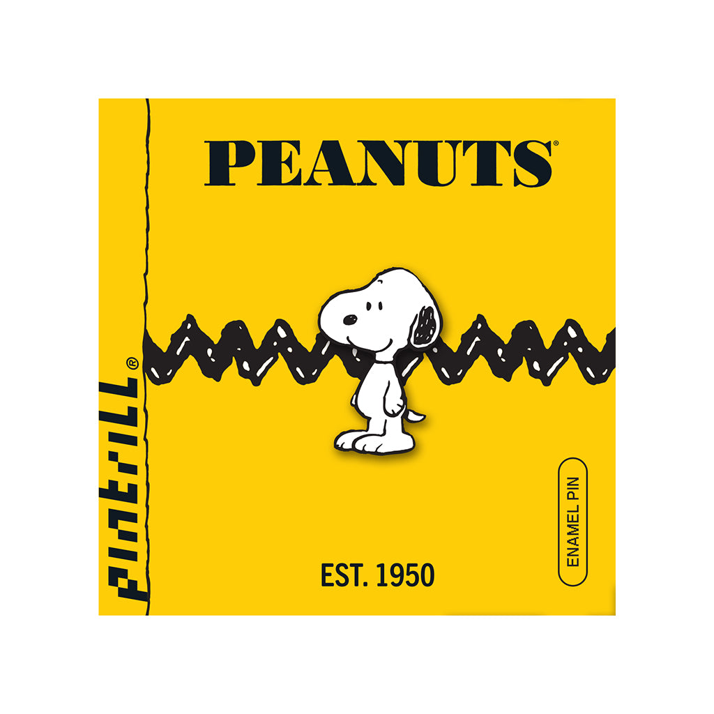 Peanuts branded  pin with Snoopy on a yellow background