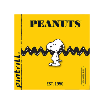 Peanuts branded  pin with Snoopy on a yellow background