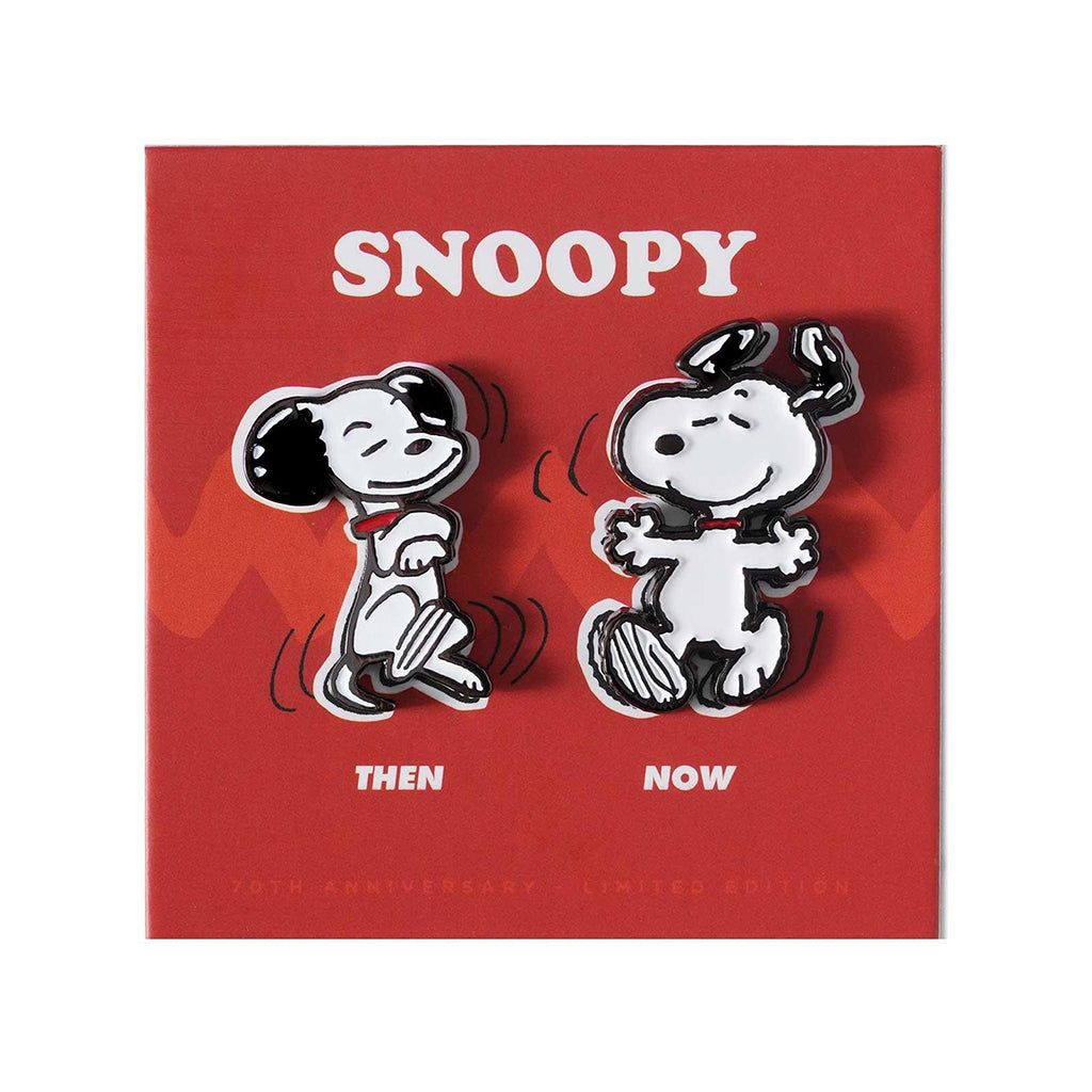 Snoopy pins on a red card with 'Then' and 'Now' text