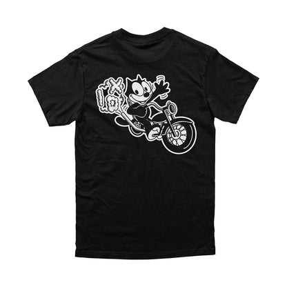 Black t-shirt with Felix on a motorcyle