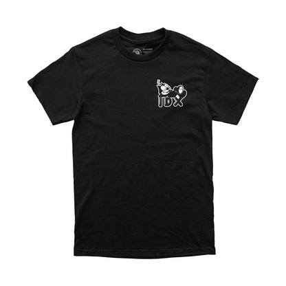Black t-shirt with a white logo on a white background