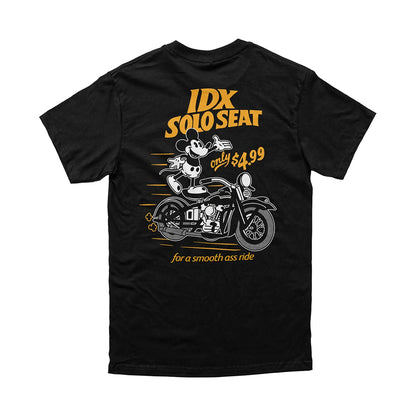 Black t-shirt with a graphic of a motorcycle and text on a white background